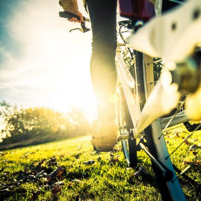 Young Woman Cycling In The Park At Sunse